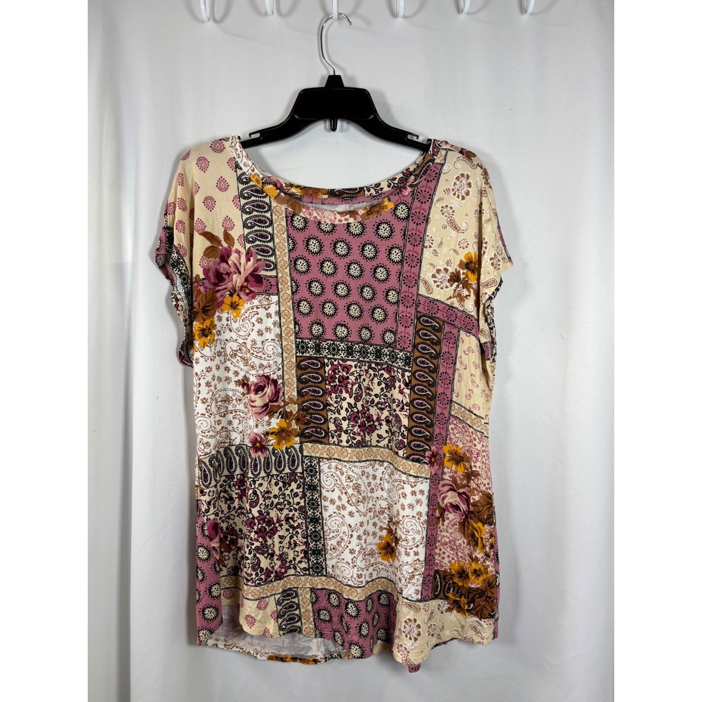 24/7 Comfort Apparel Womens 1X Mixed Patchwork Floral Paisley Scoop Neck Top